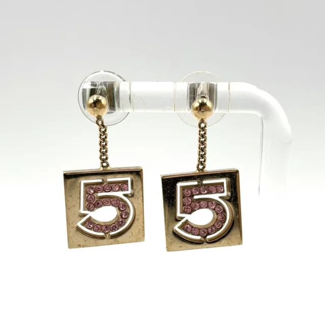 Chanel No 5 Rhinestone Square Gold Pink Earrings in Pink from The Reluxe, photo 1 of 1