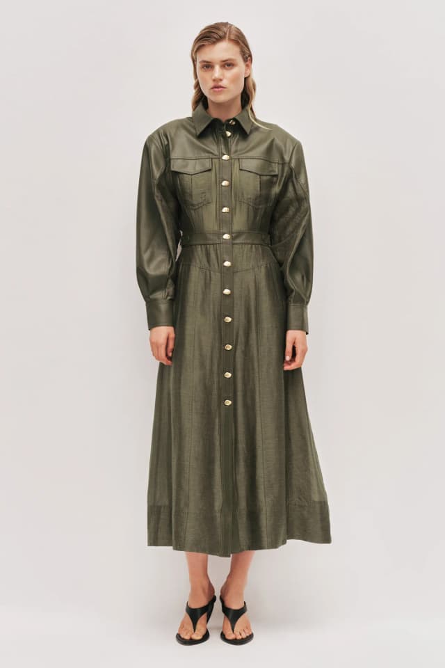 AJE Darci Midi Dress in OLIVE, image 1 of 1 from Aje