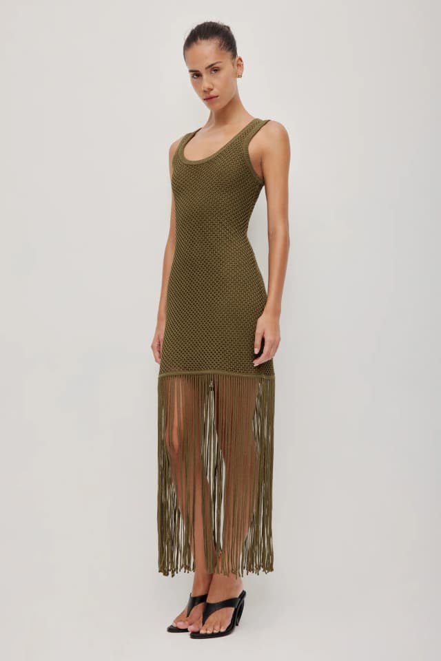 Aje Studio Velra Fringe Knit Dress in OLIVE, image 1 of 1 from Aje