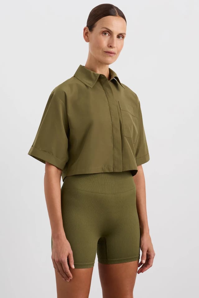 Athletica Cropped Spray Shirt 441 in DEEP KHAKI, image 1 of 1 from Aje