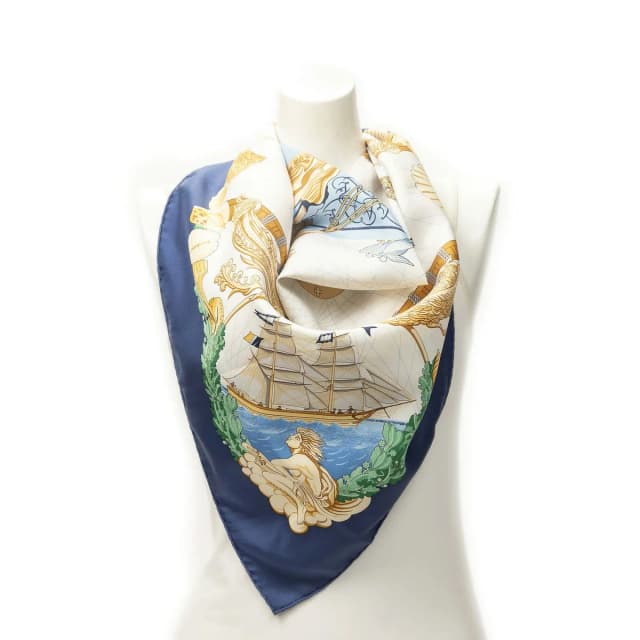 Hermès Scarf Navy Green White 100% Twillsilk in White Silk from The Reluxe, photo 1 of 1