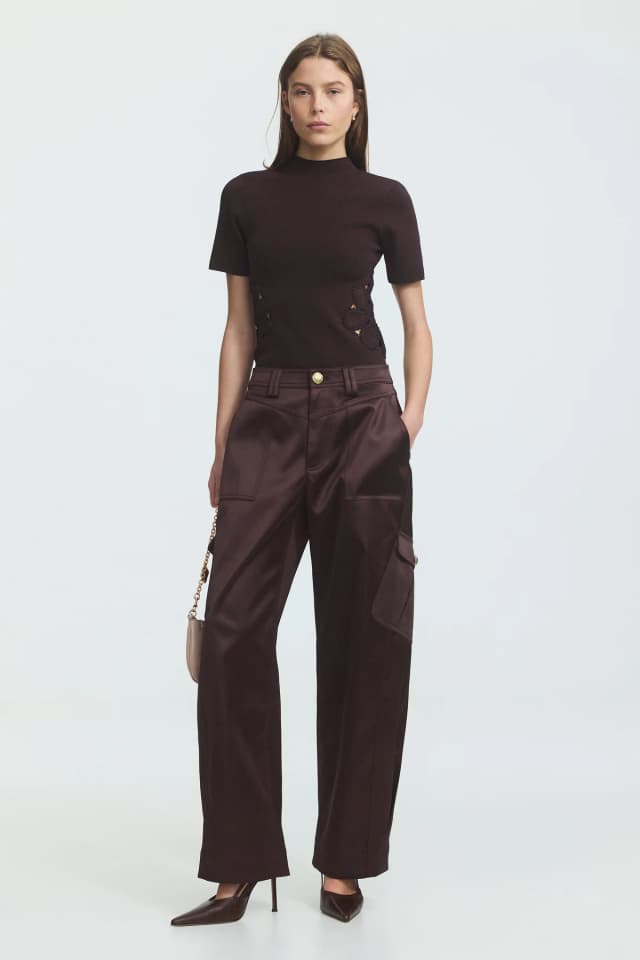 AJE Ardena Satin Cargo Pant in CHOCOLATE, image 1 of 1 from Aje