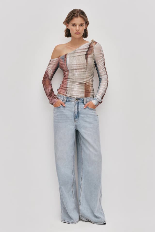 AJE Elaria Long Sleeve Mesh Top in BLUE REVERIE, image 1 of 1 from Aje