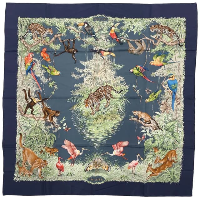 Hermès Carre 90 Equateur Scarf Animal Print Silk Navy Multicolor in Navy Silk from The Reluxe, photo 1 of 1