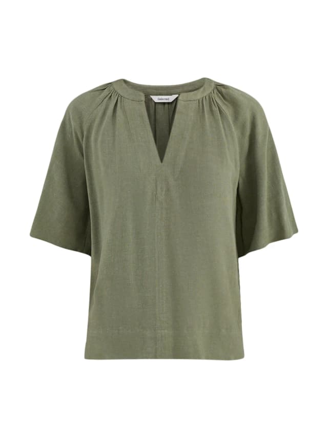 Selected SLFVIVA 2/4 V-NECK LINEN BLEND TOP NOOS in Deep Lichen Green, image 1 of 1 from Fenwick