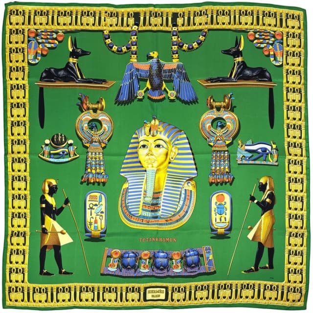 Hermès Carre 90 Tutankhamun Egypt Scarf Silk Green Multicolor in Green Silk from The Reluxe, photo 1 of 1