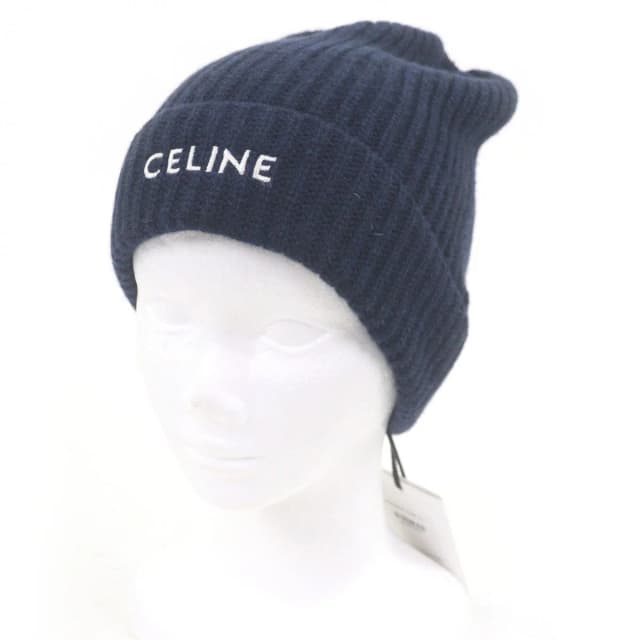 Celine Logo Embroidery Beanie Knit Cap Navy Hat in Navy Cashmere from The Reluxe, photo 1 of 1