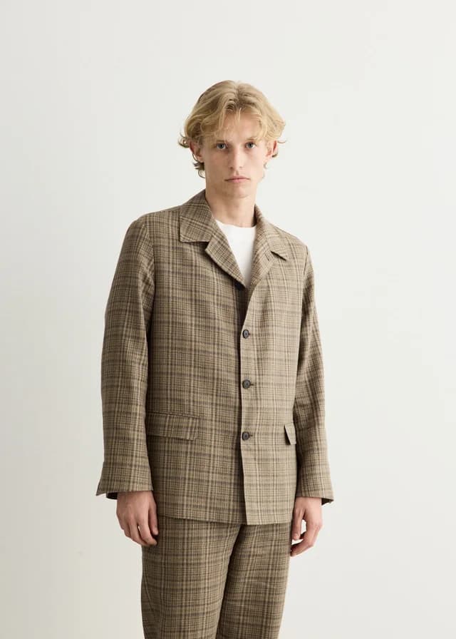 Auralee Silk Linen Nep Check Jacket in DARK BROWN CHECK, image 1 of 1 from Incu