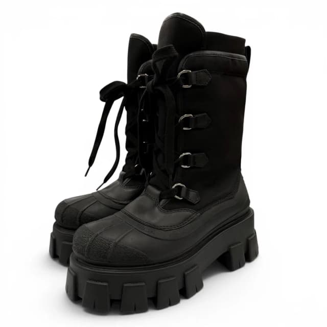 Prada Monolith Logo Lace Up Boots Short Black in Black from The Reluxe, photo 1 of 1