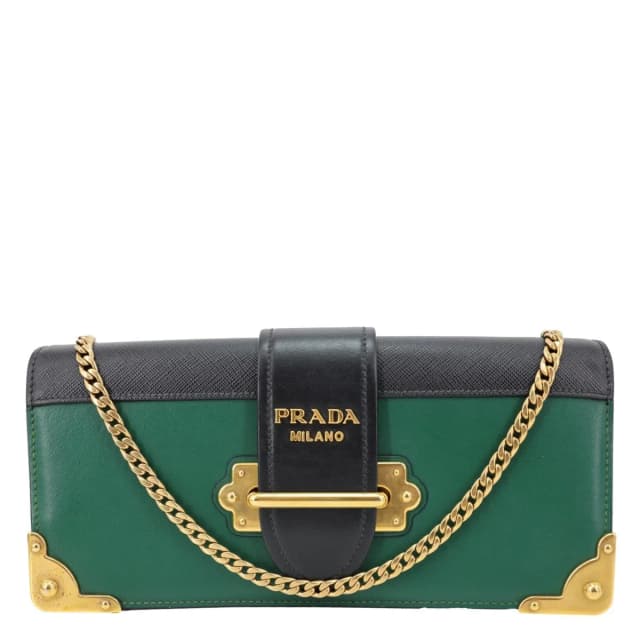 Prada Cahier Calf Saffiano Leather Chain Clutch Emerald Green in Green Saffiano leather from Dallas Designer Handbags, photo 1 of 1