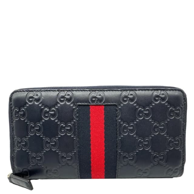 Gucci Web Leather Zip Around Wallet Navy Blue 459138 in Navy Leather from Dallas Designer Handbags, photo 1 of 1