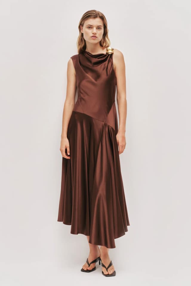 AJE Siren Midi Dress in DARK CHOCOLATE, image 1 of 1 from Aje
