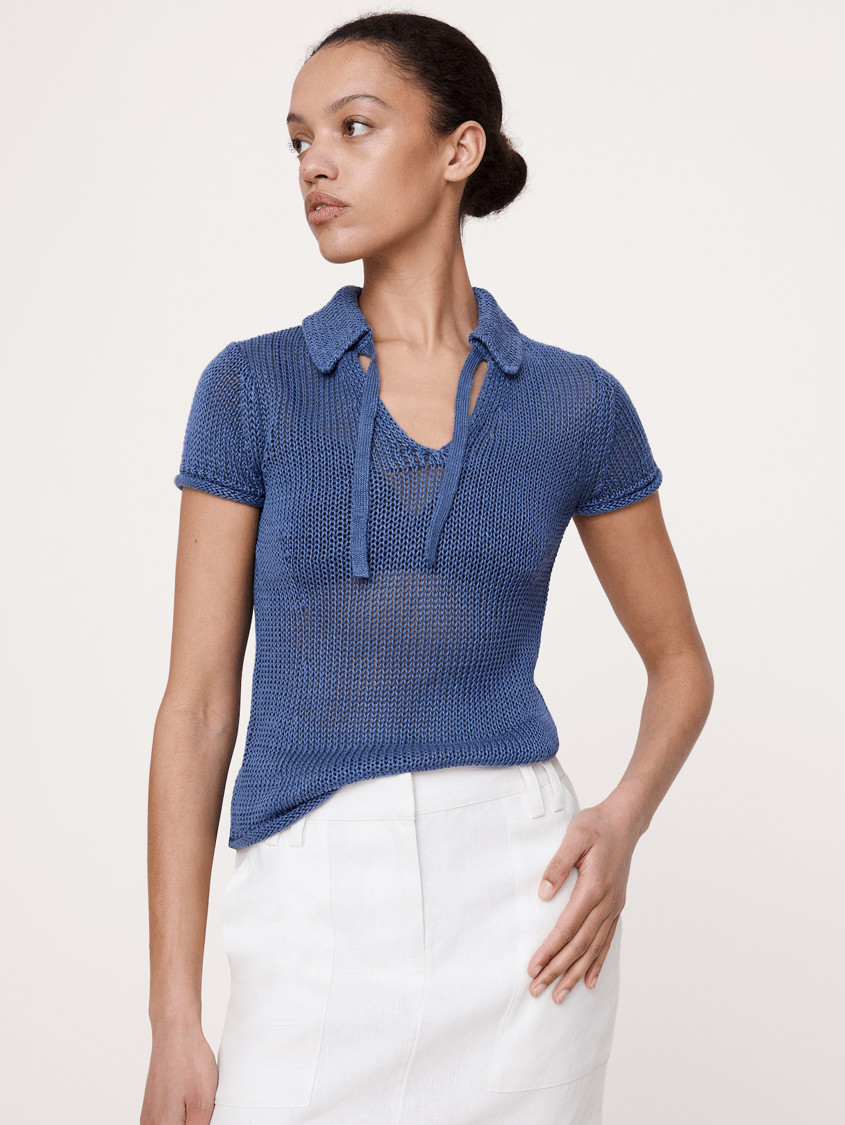 Banana Republic Heirloom Linen Tie-Neck Polo in Navy Blue, image 1 of 1 from Banana Republic (US)