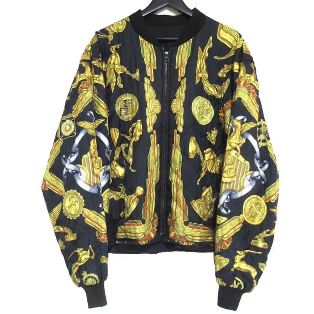 Hermès Twill Scarf Pattern Reversible Zip Up Padded Bomber Jacket 54 Black in Black Silk from The Reluxe, photo 1 of 1
