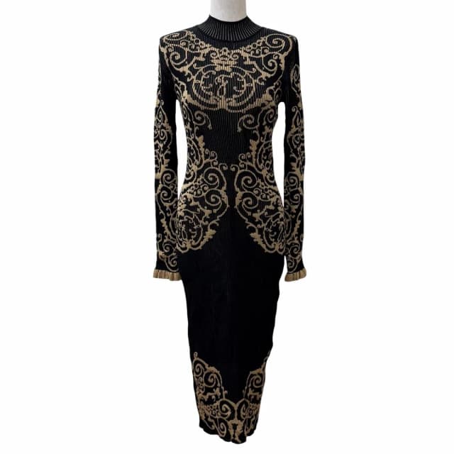 Fendi Baroque Pattern Ruffles Cuffs High Neck Long Length Knit Dress Black in Black Silk from The Reluxe, photo 1 of 1