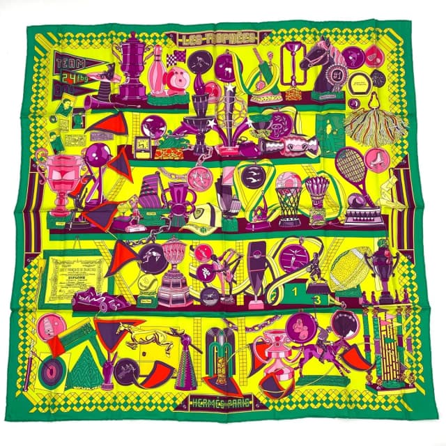 Hermès Carre 90 Scarf Silk Les Trophees Trophy Green Yellow in Green Silk from The Reluxe, photo 1 of 1