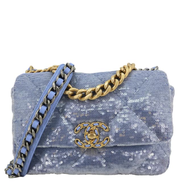 CHANEL 19 Medium Flap Quilted Sequin Shoulder Bag Blue in Blue from Dallas Designer Handbags, photo 1 of 1