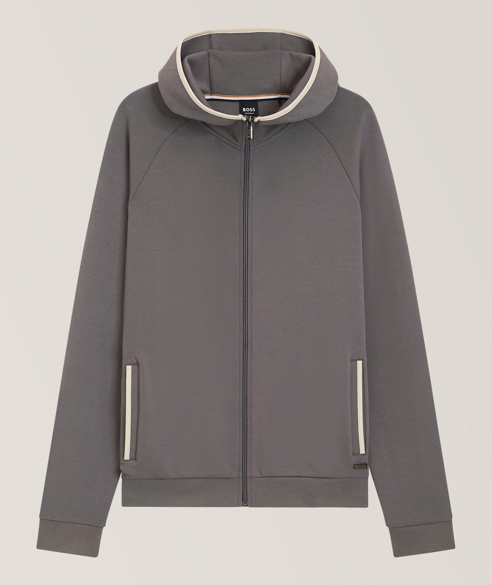 BOSS Sense Contrast-Binding Hooded Sweater in Grey 74% cotton, 21% polyester, 5% elastane, image 1 of 1 from Harry Rosen