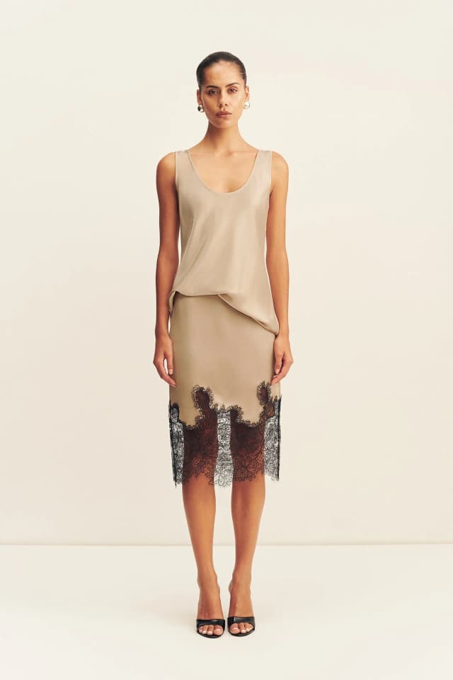 Shona Joy LUCIA LACE MIDI SKIRT - CHAMPAGNE/BLACK, image 1 of 1 from Shona Joy