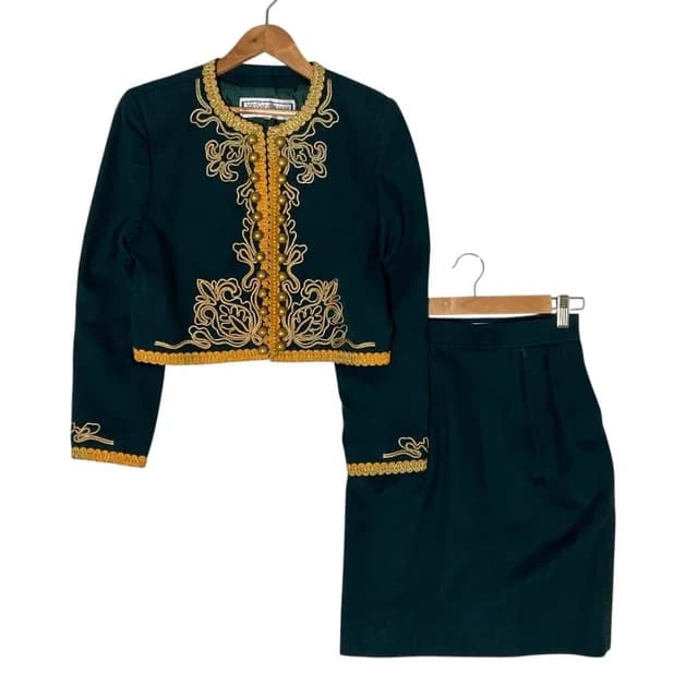 Saint Laurent Vintage Wool Rope Napoleon Collarless Jacket Skirt Set S Green M in Green Wool from The Reluxe, photo 1 of 1