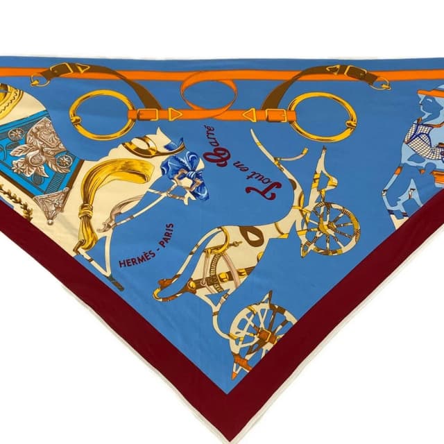 Hermès Scarf Triangle Jean Blue Bordeaux Multi Tout en Barre in Burgundy from The Reluxe, photo 1 of 1