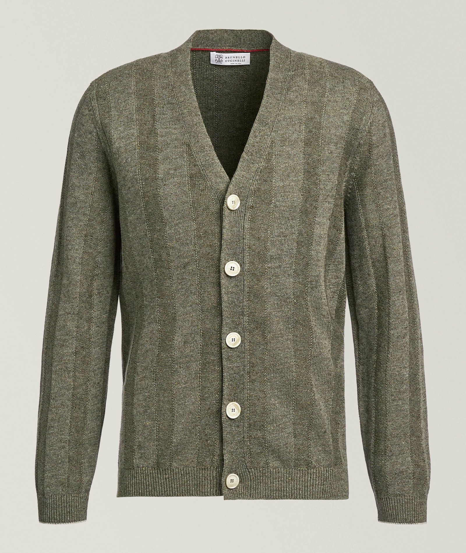 Brunello Cucinelli Ribbed Linen-Cotton Cardigan in Green Cotton & Cotton Blends, image 1 of 1 from Harry Rosen