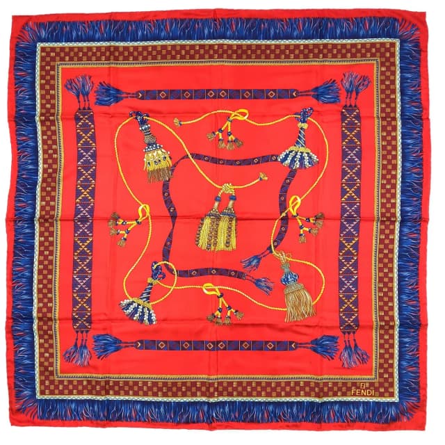 Fendi Fringe Checker Pattern Silk Red Scarf in Red Silk from The Reluxe, photo 1 of 1