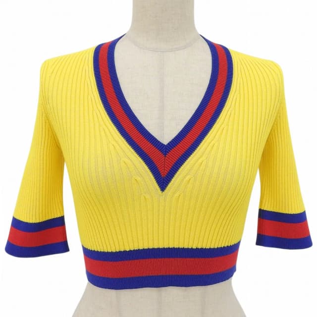 Gucci Web Stripe Cropped Length V-neck Short Sleeve Knit Yellow Blue Red XS in Red from The Reluxe, photo 1 of 1