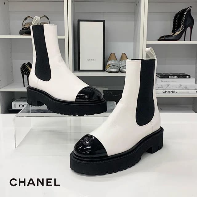 Chanel CC Logo Leather Patent Side Gore Short Boots White in White Patent leather from The Reluxe, photo 1 of 1