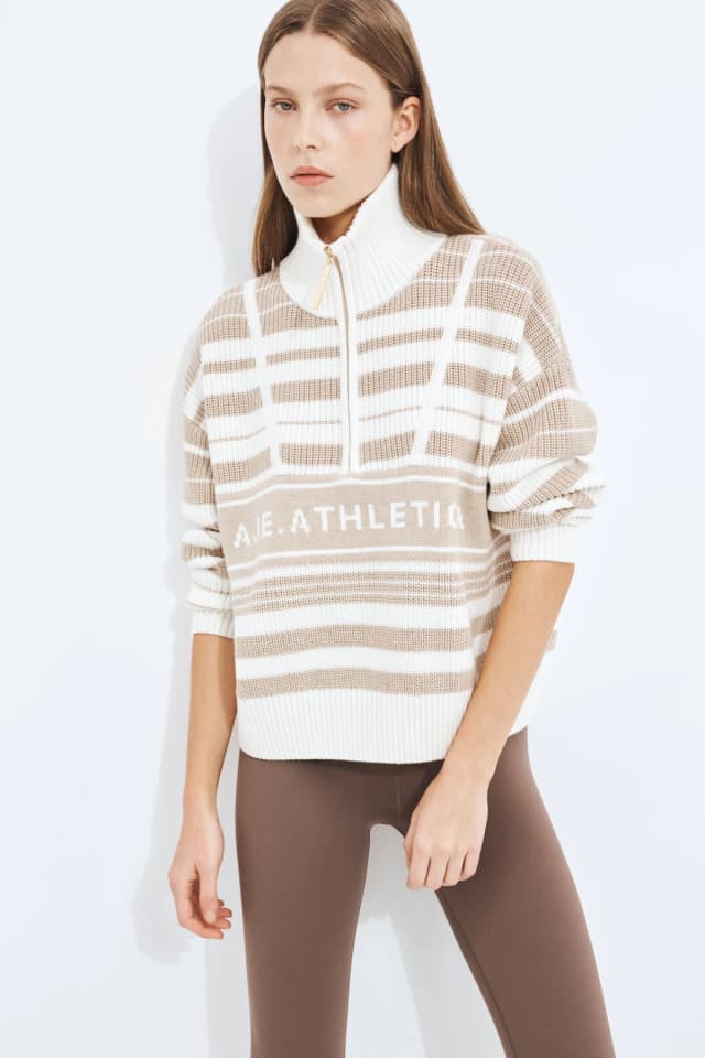 Athletica 1/4 Zip Knit Stripe Jumper in CARAMEL, image 1 of 1 from Aje