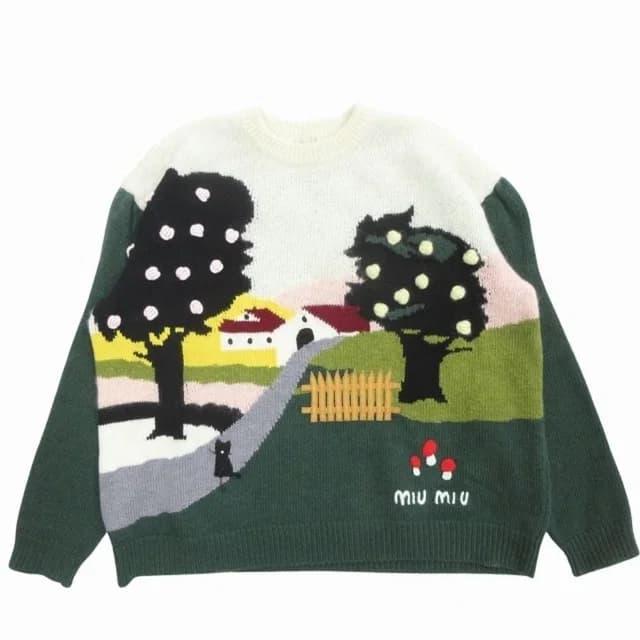 Miu Miu Landscape Intarsia Sweater Knit Top Long Sleeve Archive 40 Green White in White Wool from The Reluxe, photo 1 of 1