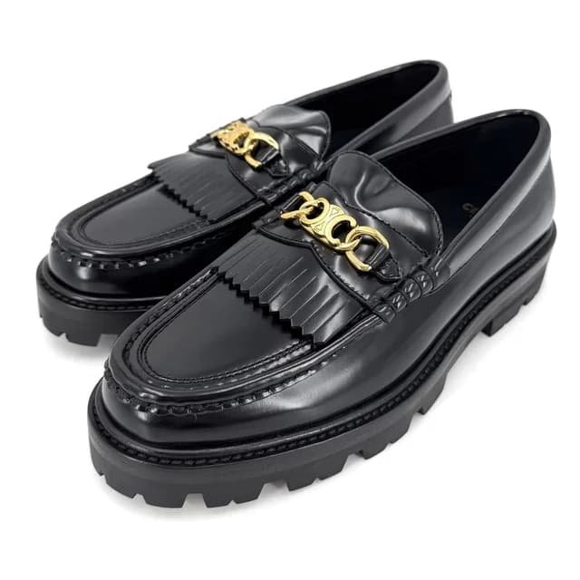 Celine Loafers Margaret Triomphe Shoes Fringe Leather Black Gold in Black Leather from The Reluxe, photo 1 of 1