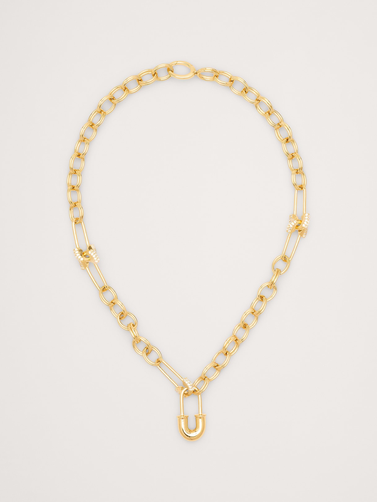 Banana Republic Rhinestone Safety Pin Chain Necklace in Gold, image 1 of 1 from Banana Republic (US)