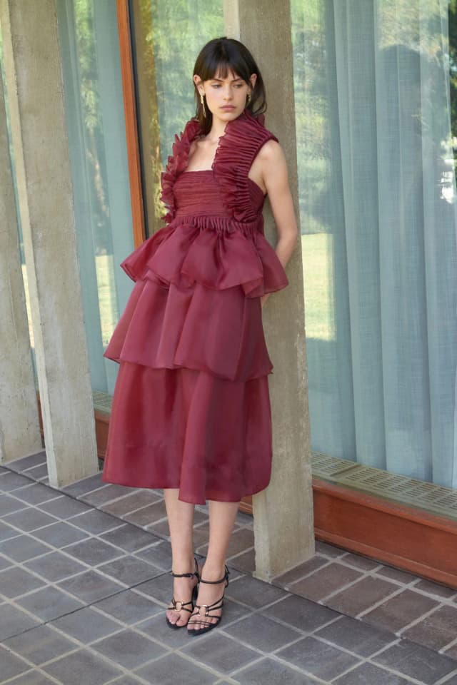 AJE Asra Pleated Frill Midi Dress in MAHOGANY RED, image 1 of 1 from Aje