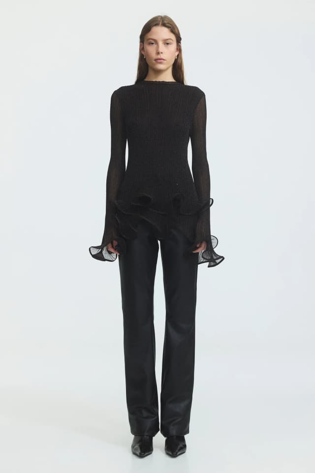 AJE Agata Ruffle Knit Top in BLACK METALLICA, image 1 of 1 from Aje