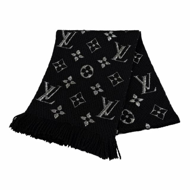 Louis Vuitton Echarpe Logomania Shine Wool Silk Blend Scarf With Fringe Black in Black Silk from The Reluxe, photo 1 of 1