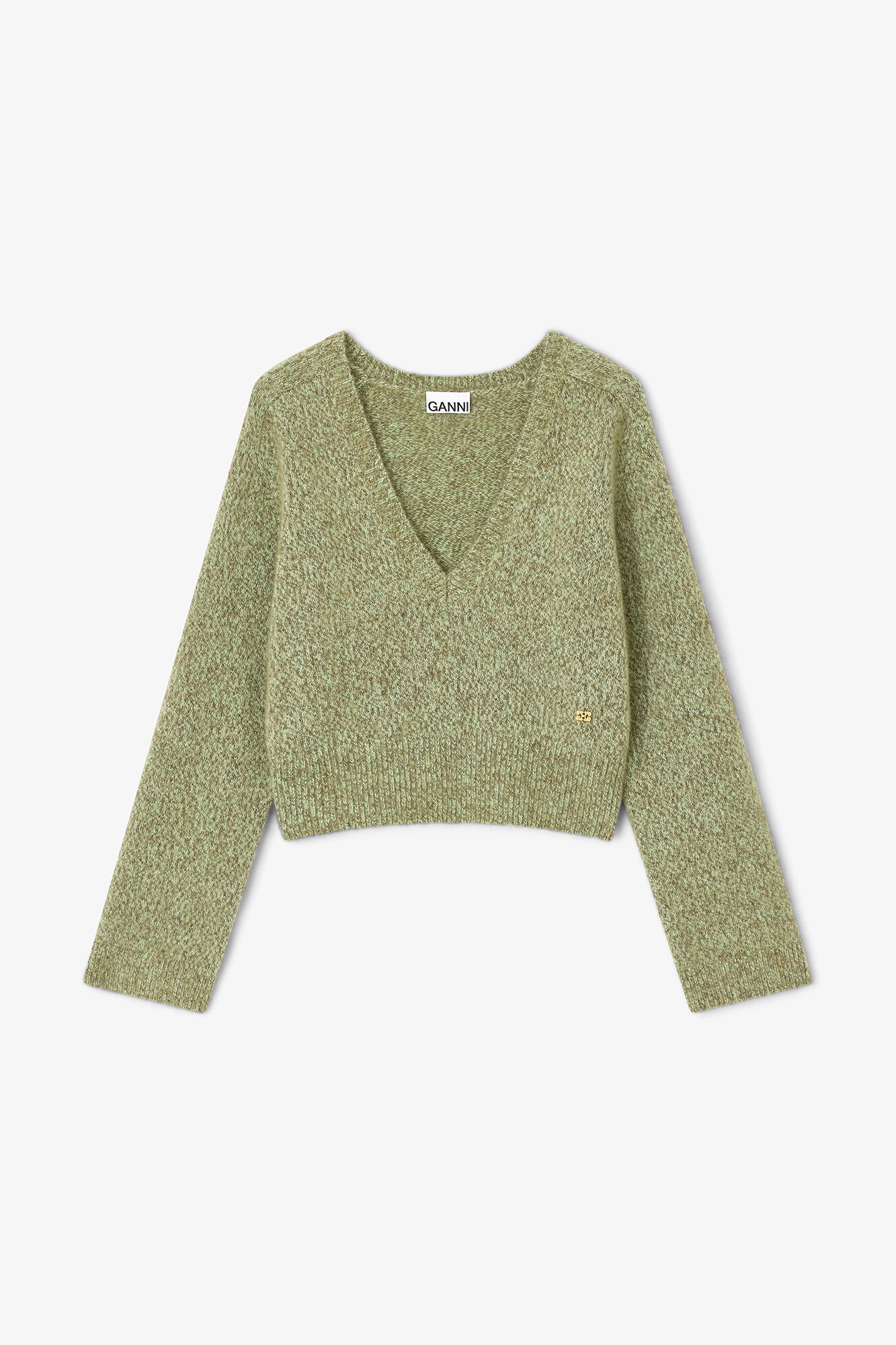 GANNI Green V-neck Sweater in Nile 39% wool, 30% mohair, 29% recycled polyester 2% elastane, image 1 of 1 from GANNI (US)