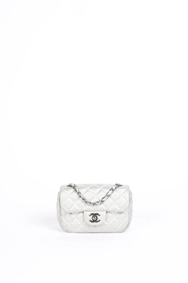 2010s Chanel Silver Perforated Leather Mini Square Single Flap Bag in Silver Leather from Break Archive, photo 1 of 1