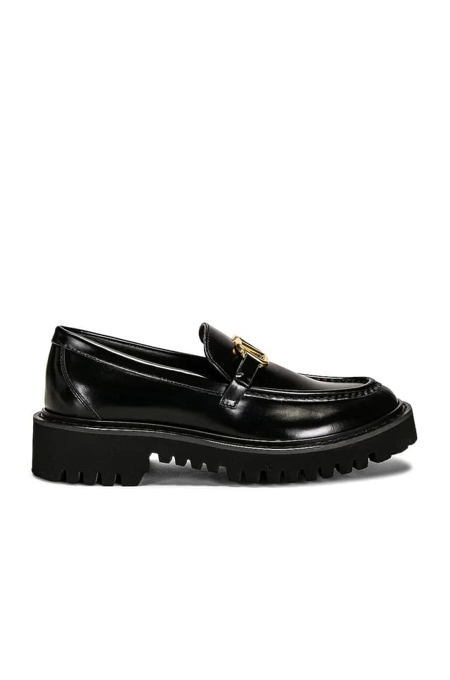 Valentino Garavani Signature V Logo Loafers in Black, image 1 of 1 from FWRD