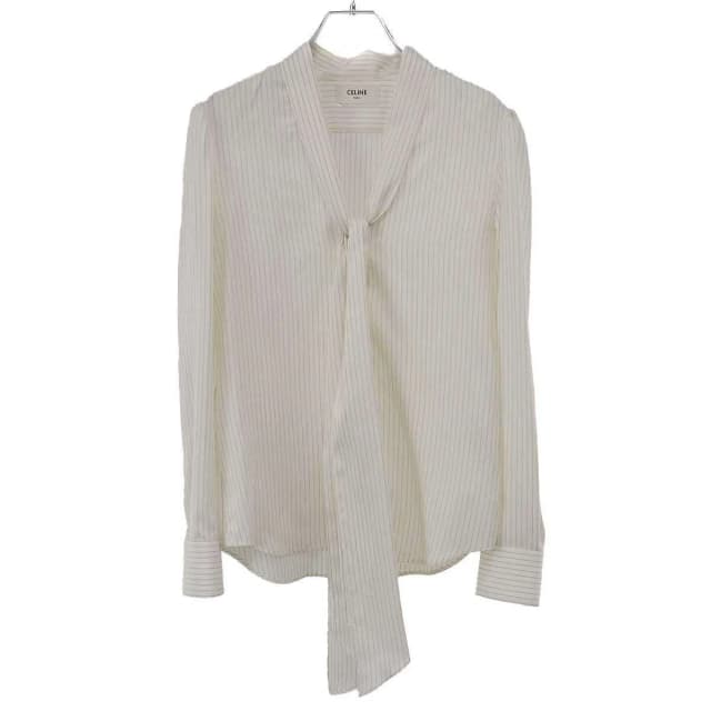 Celine Striped Bow Tie Silk Blouse Shirt White 34 in White Silk from The Reluxe, photo 1 of 1