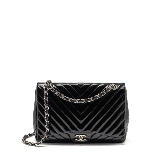 Chanel chevron jumbo single flap bag patent black SHW in Black Patent leather from EMIER, photo 1 of 1