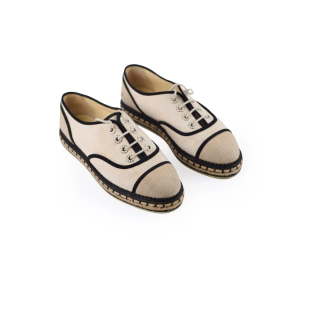 Chanel Lace Up Pearl Espadrilles Size 38 in Canvas from The Purse Affair, photo 1 of 1