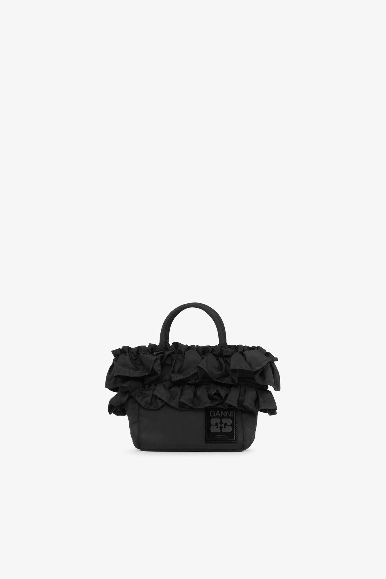 GANNI Black Mini Ruffle Tote in Black 100% recycled nylon, image 1 of 1 from GANNI (US)