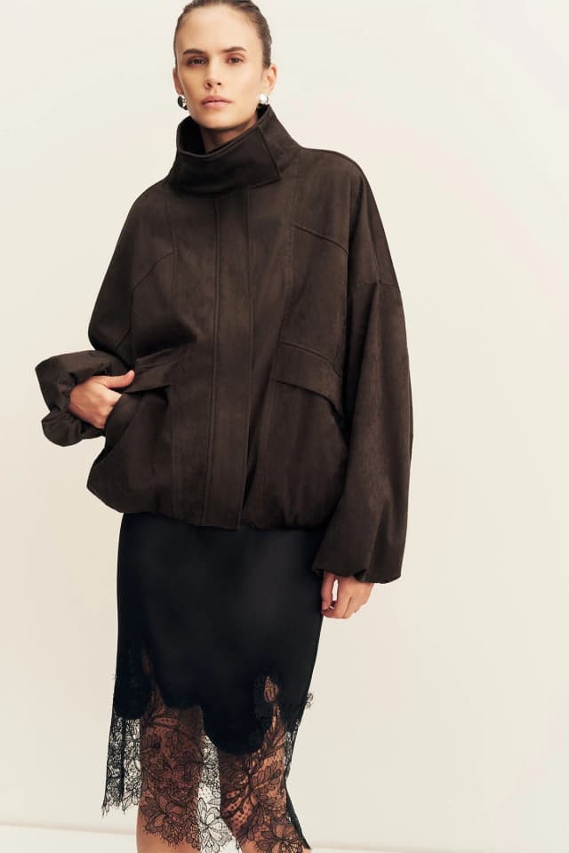 Shona Joy ERNEST FUNNEL NECK FAUX SUEDE BOMBER JACKET - CACAO, image 1 of 1 from Shona Joy