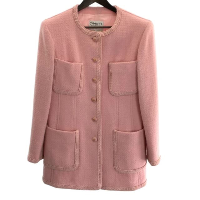 Chanel Vintage Tweed CC Logo Pink Jacket Skirt Suit in Pink Tweed from The Reluxe, photo 1 of 1