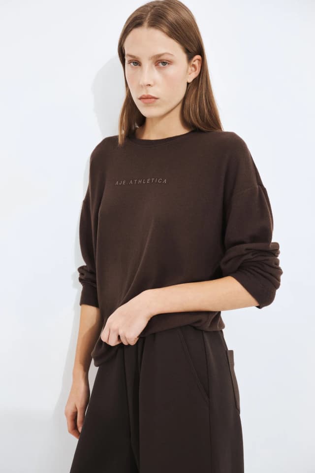 Athletica Textured Long Sleeve Tee in CHOCOLATE, image 1 of 1 from Aje