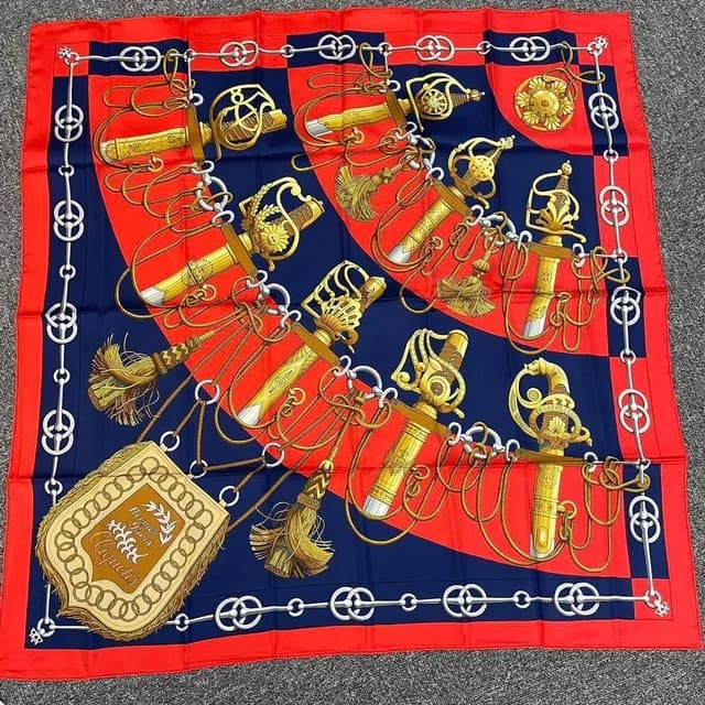 Hermès Scarf Carre 90 Cliquetis Ticking Sword Pattern Navy Red Gold Silk in Red Silk from The Reluxe, photo 1 of 1