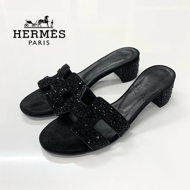 Hermès Oasis Leather Rhinestone Sandals Black in Black Leather from The Reluxe, photo 1 of 1