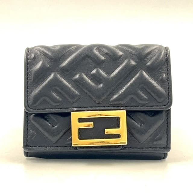 Fendi Baguette Micro FF Embossed Nappa Leather Black Trifold Wallet Gold in Black Nappa leather from The Reluxe, photo 1 of 1