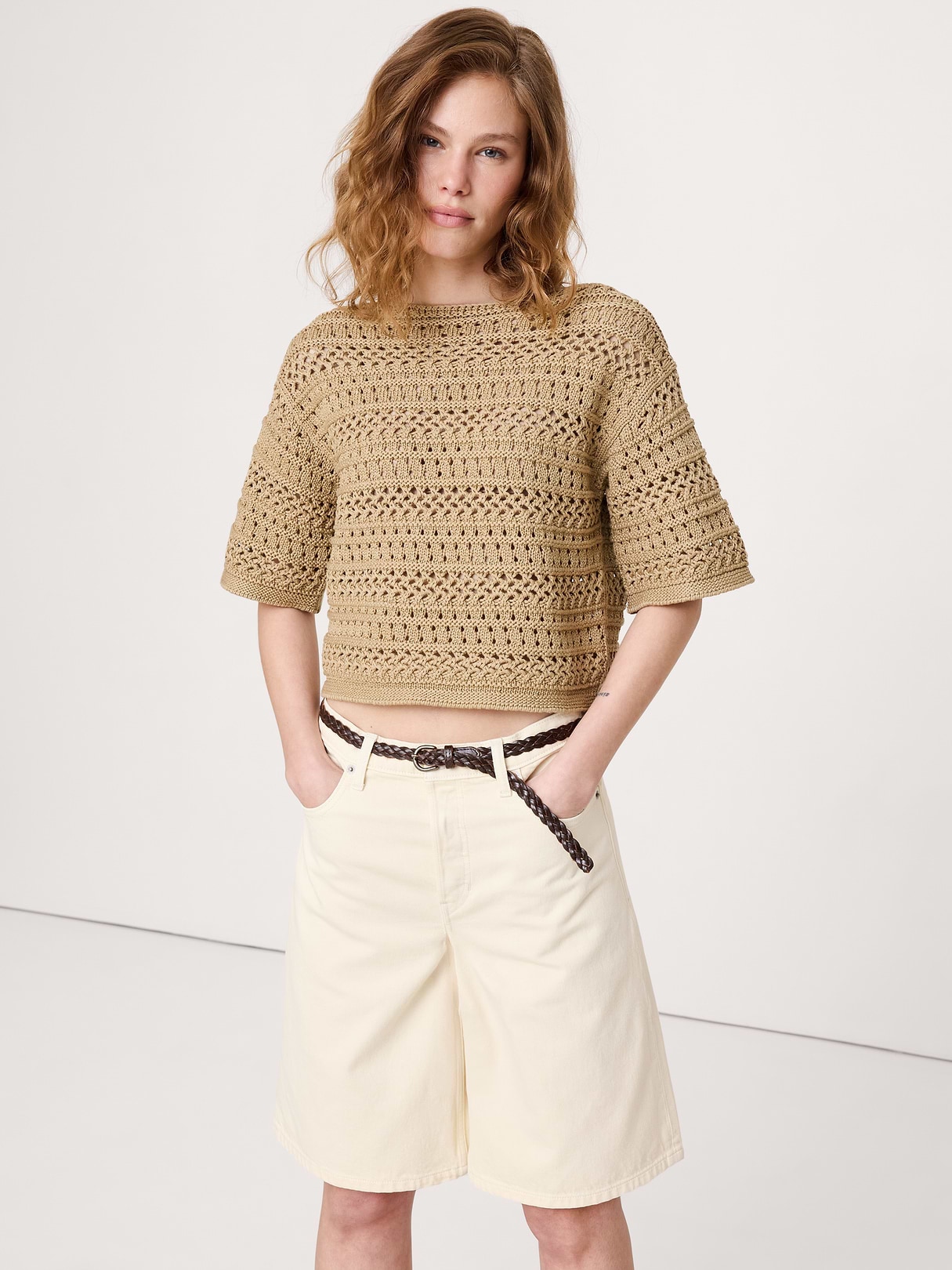 Banana Republic Coastal Cotton Crochet Sweater Tee in Khaki Beige, image 1 of 1 from Banana Republic (US)